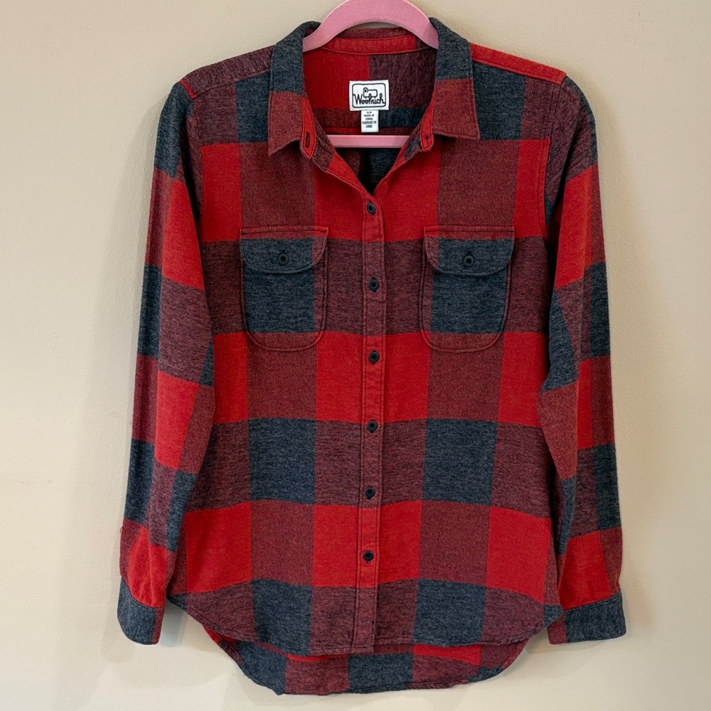 Woolrich Red and Black Plaid Organic Cotton Flannel Shirt, Small